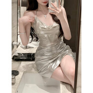 奈久留美掛脖帶鏈條收腰褶皺露背a字短裙女夏季氣質(zhì)黑色無袖吊帶連衣裙 香檳色 L