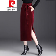 皮爾卡丹（pierre cardin）金絲絨半身裙女春秋季高臀裙中長款顯瘦開叉一步裙氣質(zhì)直筒裙 紅色 L