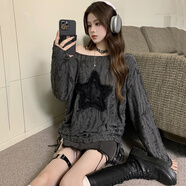 爾山集辣妹t恤女上衣秋季星星純欲罩衫破洞鏤空一字肩寬松長(cháng)袖打底衫 灰色 （露肩效果建議拍大一碼） S 建議90斤以?xún)?
                                         title=