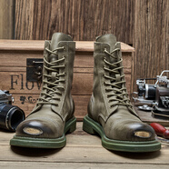 羚步 馬丁靴男高幫真皮牛皮男靴鋼頭踢不爛靴子復古百搭系帶工裝靴 卡其色 44