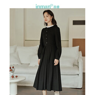 茵曼（INMAN）壓褶連衣裙春秋女新品美拉德立領(lǐng)燈籠袖中長款裙 黑色 M