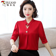 啄木鳥(niǎo)短袖雪紡襯衫女式2023年夏季新款洋氣小衫很仙的設計感小眾襯衣寸 紅色 2XL  建議125-135斤