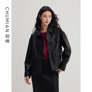 初棉工裝風(fēng)皮衣小翻領(lǐng)pu夾克24冬季復古箱型機車(chē)短外套拼接設計 黑色 S