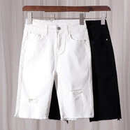 丹仔 高腰破洞牛仔短褲女夏季2020新款黑色五分褲緊身顯瘦馬褲直筒熱褲 黑色 31 二尺四