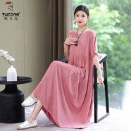 啄木鳥(niǎo)2025新款夏天高端棉綢連衣裙寬松遮肚氣質(zhì)人造棉碎花長(cháng)裙 粉色 XL 建議90-110斤