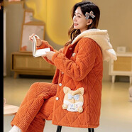 唯妮妙睡衣女冬季加絨加厚加棉套裝女人冬天可外穿中長(cháng)款家居服居家棉服 JY貓咪橙 M （建議80-100斤）