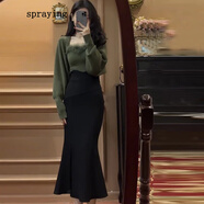 spraying設(shè)計(jì)感氣質(zhì)名媛小香風(fēng)綠色針織套裝法式包臀魚尾連衣裙子女秋冬 毛衣兩件套 S