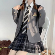 雅格羅伊JK制服秋冬季套裝jk半身裙全套西服外套女秋冬日系學(xué)院風(fēng)西裝格裙 煙灰+灰色兩?？畚餮b+長(cháng)袖襯衫 飛機盒+領(lǐng)帶 XS