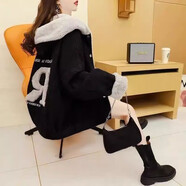 AEMAPE小個(gè)子加絨加厚連帽牛仔外套女秋冬季2025年新款寬松慵懶百搭棉衣 黑色 S (95斤以下拍)