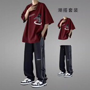 安初夏印花純棉短袖t恤男士休閑套裝夏季圓領(lǐng)衣服男裝痞帥氣搭配兩件套 酒紅色兩件套 XL