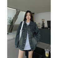 風(fēng)采兔復古做舊水洗牛仔外套女秋季2023年新款寬松休閑長(cháng)袖別致夾克上衣 復古藍 L