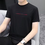 賓色180g薄款冰爽滑莫代爾短袖t恤男夏裝字母印花男裝半袖體恤上衣潮 黑色 M 【105-115斤】
