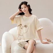 馨愛百年睡衣女夏天短袖韓版休閑簡約加大碼帶胸墊家居服可外穿短褲套裝 QH3278女 M