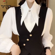 啄木鳥(niǎo)網(wǎng)紅秋季新款時(shí)尚套裝女釘珠長(cháng)袖襯衣+紐扣馬甲西裝背帶褲兩件套 單件白色襯衫 L 建議110-120斤