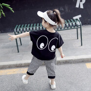 女童套裝夏裝寶寶夏季新款嬰兒童潮衣小童1-2-3-4歲女童洋氣短袖夏天格子時(shí)尚小孩衣服 大眼-黑色 100cm適合2-3歲寶寶