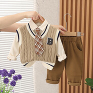 哈兜兒男童套裝寶寶小西裝春裝三件套小孩嬰兒1衣服2小童3秋季套裝4周歲 SJ8223三件套咖色 80碼適合70-75cm約6-10個(gè)月