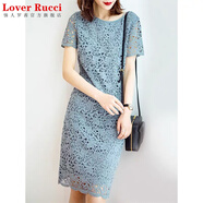 LOVER RUCCI法國高品質(zhì)輕熟風(fēng)修身蕾絲夏天連衣裙女洋氣直筒裙子 藍色 L 建議110-120斤