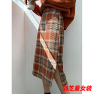 顧夕岑韓版百搭格子半身裙女秋冬毛呢裙中長款高腰顯瘦開叉一步裙 橘紅色開叉 S