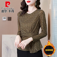 皮爾卡丹（pierre cardin）中年媽媽時(shí)尚打底衫女士裝春秋修身內搭T恤時(shí)髦洋氣收腰碎花上衣 咖啡色加絨加厚 L 90-110斤