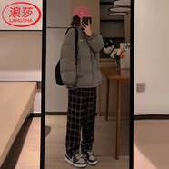 浪莎秋季女復古磨絨格子褲加厚黑白闊腿褲松緊腰直筒寬松顯瘦休閑褲子