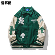 雪慕茵dreamer的貓外套美式街頭十字架字母PU皮袖棒球服男寬松休閑外套 綠色 M