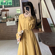 艾妃琳大碼女裝春款2025小清新森女系翻領(lǐng)收腰顯瘦法式桔梗棉麻連衣裙潮 黃色【010】 M