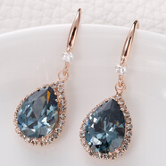 萬(wàn)寶資S925銀針水滴水晶玫瑰金耳環(huán)閃鉆氣質(zhì)水鉆耳飾粉紅彩色項鏈耳墜女 玫瑰金色水滴墨蘭 B5002