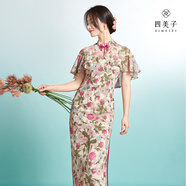 四美子新中式改良年輕款連衣裙女【粉花鳶】夏新款禮服高端白色花朵旗袍 S碼  85-95斤