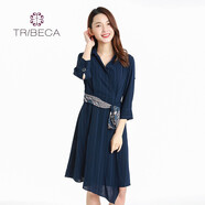 TRIBECA翠貝卡新品時(shí)尚腰帶裝飾修身百褶襯衣連衣裙 蘭色 M