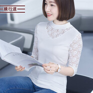 橫行道2024新款半高領(lǐng)蕾絲七分袖女t恤半截袖上衣黑色中袖白色體恤春裝 白色 M