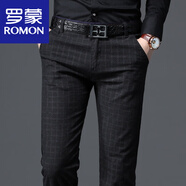 羅蒙（ROMON）冬季加絨男士休閑褲韓版潮流修身直筒格子商務(wù)長(cháng)褲秋冬加厚褲子男 黑色 秋款 31碼(2尺4)