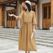 亂在江南繡花苧麻連衣裙中袖夏季新品系帶顯瘦氣質(zhì)輕薄文藝復古中長(cháng)裙 棕色 XL