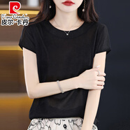 皮爾卡丹（pierre cardin）短袖女圓領(lǐng)天絲棉針織衫包袖T恤寬松夏季新款洋氣亮絲氣質(zhì)上衣 黑色 L 100-120