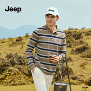 吉普（JEEP）條紋刺繡polo體恤衫男春秋2025新款商務通勤休閑翻領t恤上衣 灰卡其 XL（145-160斤）