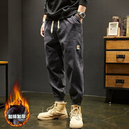 十只鶴秋冬款彈力休閑褲男寬松工裝褲男士潮牌大碼哈倫褲男生抽繩束腳褲 深灰（加厚秋冬款） 加絨 4XL（200-220斤）