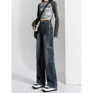 俞兆林藍灰復古工裝牛仔褲女2025春秋大碼直筒高腰顯瘦垂感美式闊腿褲子 藍色 XL