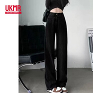 UKMR黑色闊腿牛仔褲女潮流韓版寬松高腰顯瘦直筒垂感拖地褲ins潮學生 黑色 加長褲 優(yōu)質(zhì)款 L 110-125斤