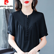 皮爾卡丹（pierre cardin）真絲短袖襯衫女夏季新款時(shí)尚洋氣別致小衫氣質(zhì)高端桑蠶絲上衣顯瘦 黑色 2XL 130-139斤