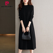皮爾卡丹（pierre cardin）大I碼女裝秋冬季2023新款長袖針織連衣裙長款顯瘦毛衣裙 黑色 XL (建議體重125-135斤)