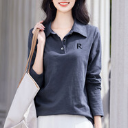 蜜莎蜜拉（Mirza Mirror）帶領(lǐng)刺繡長(zhǎng)袖t恤女棉2025年春季新款POLO領(lǐng)通勤氣質(zhì)上衣打底衫 灰藍(lán)色 S