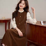 熙世界（sllsky）法式赫本小香風(fēng)連衣裙女秋冬季復古長(cháng)袖假兩件新年紅色裙子 醇香摩卡 L