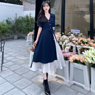 艾珠兒雪紡連衣裙夏季女裝顯瘦減齡法式小眾桔梗茶歇收腰氣質(zhì)長(cháng)裙子夏天 藏青裙 XL