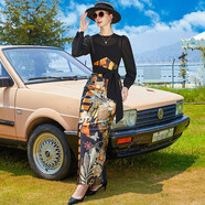 帝弗·潤馳超長(cháng)款到腳踝連衣裙夏裝新款復古印花假兩件大牌奢華過(guò)膝長(cháng)裙氣質(zhì) 黑色 L