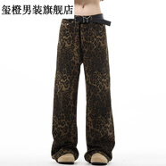 璽橙美式復(fù)古高街vibe豹紋牛仔褲男新款vintage休閑寬松直筒闊腿褲子 豹紋 M