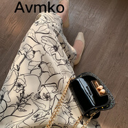 潮牌Avmko半身裙2022春夏新款抽象印花雪紡半身裙女中長(cháng)款高腰顯瘦小個(gè)子a字傘裙潮 抽象線(xiàn)條裙 2XL 建議130-140斤