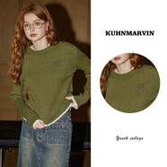 庫恩瑪維（KUHNMARVIN）【多色可選】圓領(lǐng)繡花毛衣女2024年秋冬新款文藝范針織衫K32137 軍綠 S