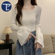 PMOG法式氣質(zhì)新款小眾針織衫女喇叭袖打底衫女秋冬內(nèi)搭修身短款毛衣女 白色 L