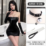 情趣內(nèi)衣女王御姐性感抹胸緊身漆皮制服包臀裙誘惑連體衣調(diào)教戰(zhàn)衣套裝sm制服夜店暗黑禁欲系反差約會戰(zhàn)袍 包臀裙+手袖+T褲+黑牽yin繩+黑鈴鐺項圈 均碼（80-120斤）