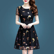 勇伦连衣裙女2023年夏季新款显瘦刺绣蕾丝雪纺女装修身小个子女士裙子 134黑色 XL 建议115-122斤