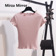 Mirza Mirror冰絲短袖t恤女夏季韓版木耳邊彈力休閑百搭大碼針織打底衫上衣 淺粉色 大碼L（建議105-115斤穿）
